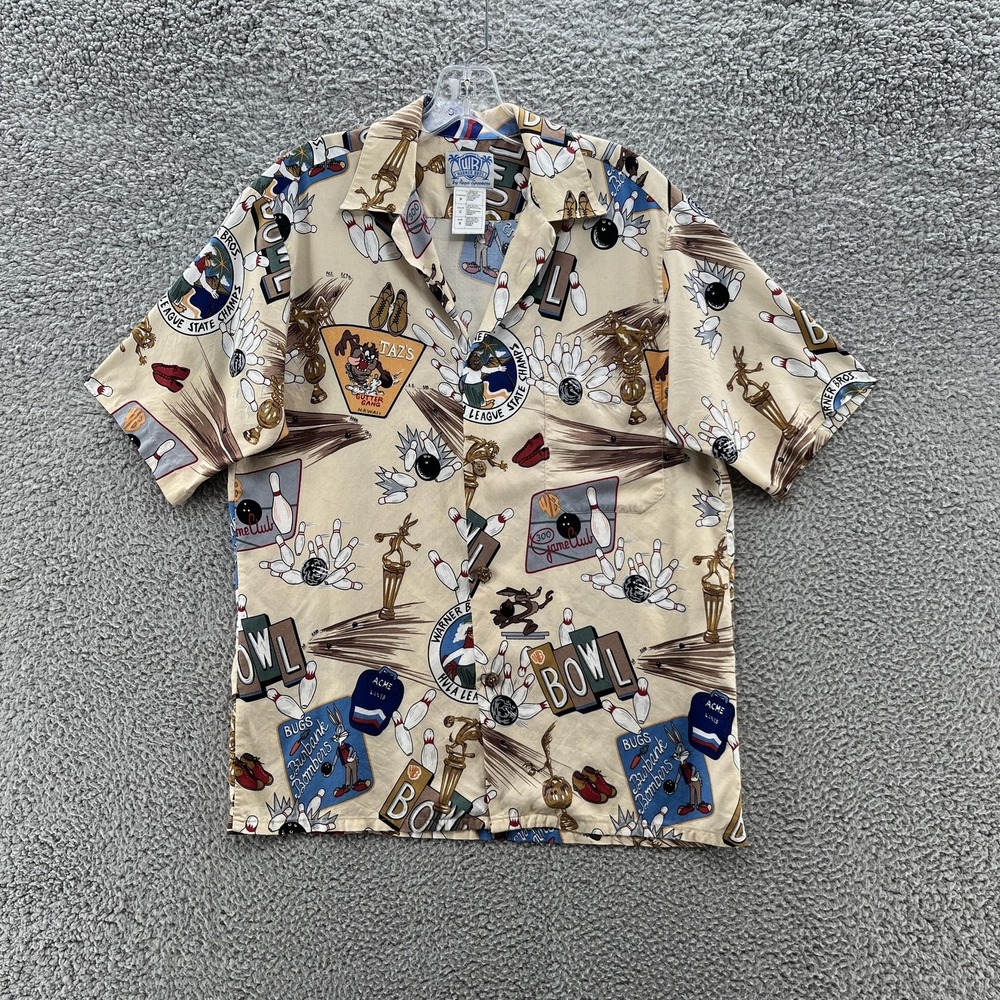 Warner Bros Reyn Spooner Shirt Mens Small Beige Bowling Aloha Looney‎ Tunes Taz